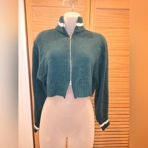 Emerald Green Double Zip-Up Cropped Sweater